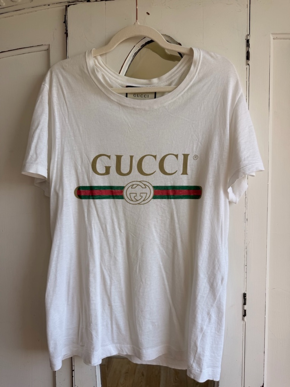 Gucci White Tee with Gold Logo and Green-Red Stripe